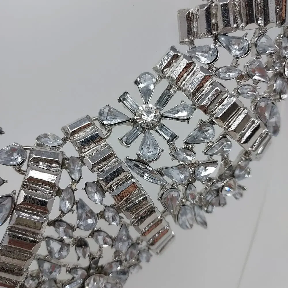 Rhinestone Statement Necklace Floral Large Heavy Bib Collar Silver Tone 3
